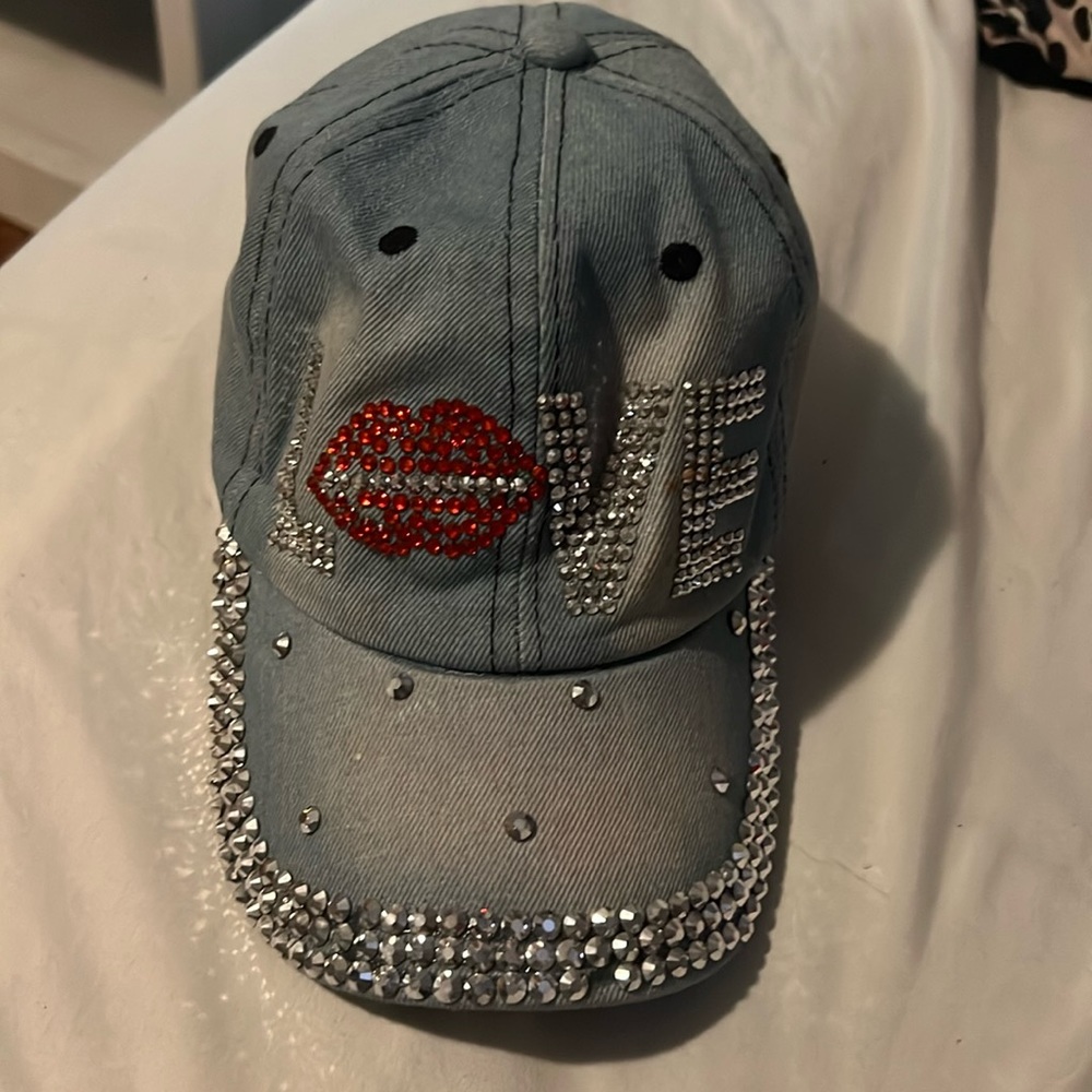 Denim Hat, Red and Silver Rhinestones
